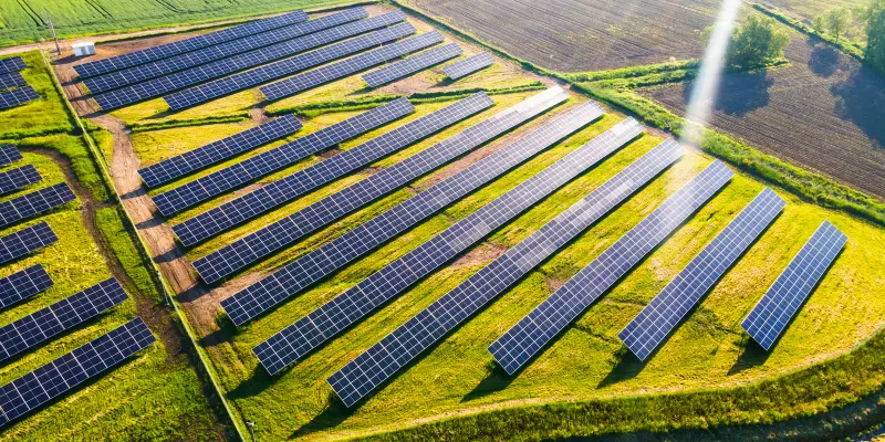 Painéis solares instalados em uma área de agronegócios